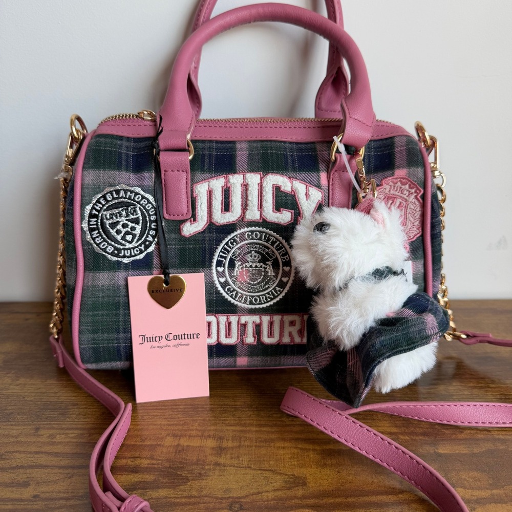 New Juicy Couture Varsity Plaid Satchel Pink Green Crossbody Handbag Scottie